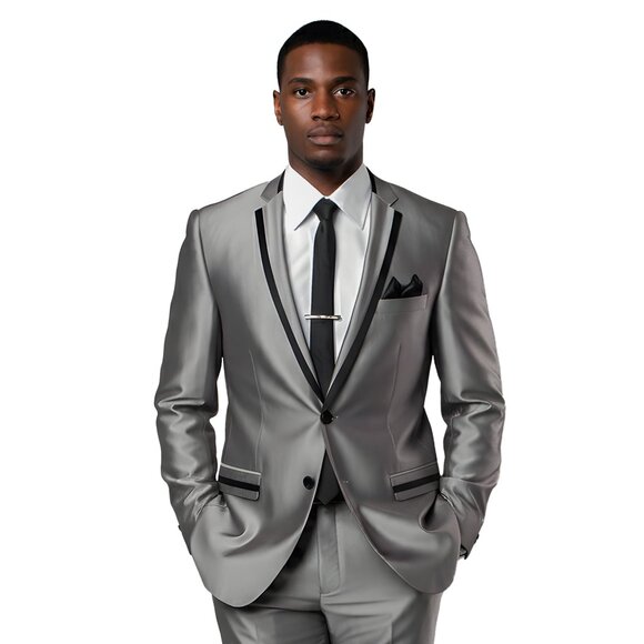 2pc Shiny Dark Silver Mens Suit w/ Black Trim by Tazzio - Picture 1 of 5